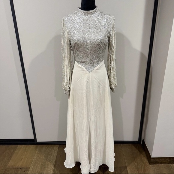 FIDAN Dresses & Skirts - FIDAN Vintage 80s Glam Gown Silver Sequin Bodice w/ Beaded Tassel Sleeves